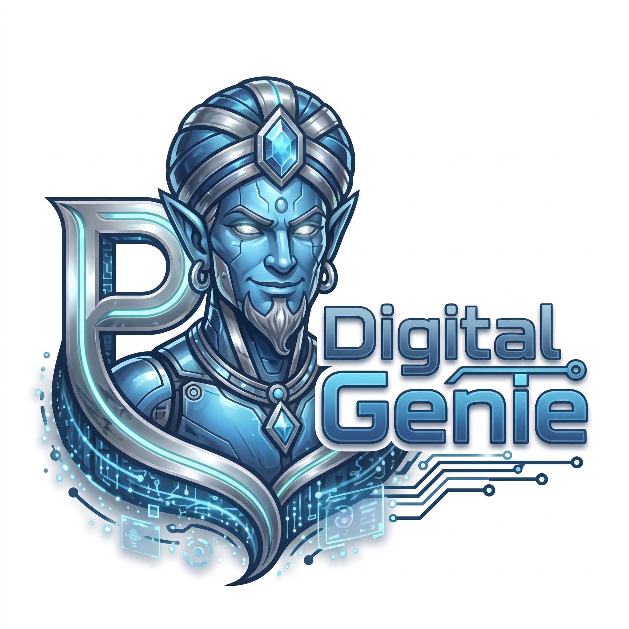 Digital Genie metallic blue AI genie logo