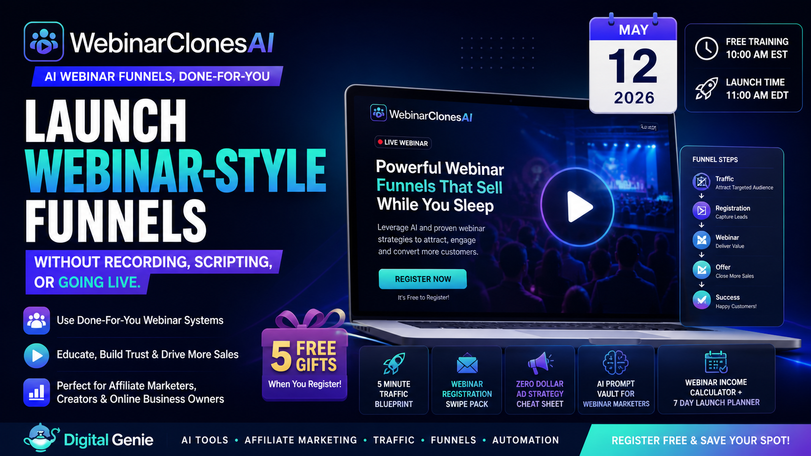 WebinarClonesAI launch spotlight graphic by Digital Genie